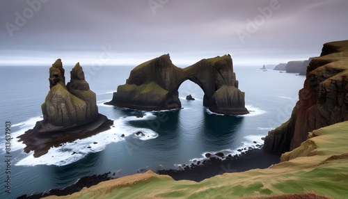 Multiple rock formations jut out along the rugged coast of Iceland, shaped by the crashing waves and harsh weather conditions photo