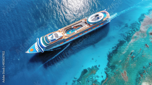 Large beautiful cruise ship, liner at blue sea, top view, aerial view. Banner. © Katerina Bond