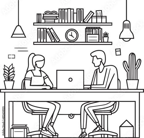 vector illustrations with flat cartoon characters working in office, co-working space or remotely at home, freelance, self-employment. People work at computers and laptops in modern interior.