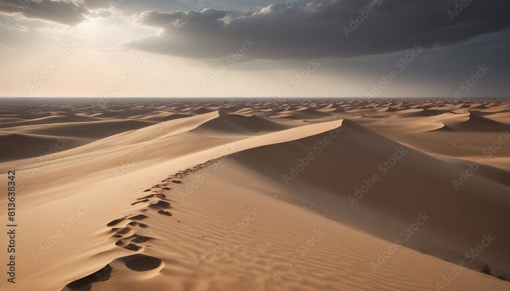 A desert landscape with visible footprints imprinted in the sand, showcasing a path taken by a person or animal in the arid environment