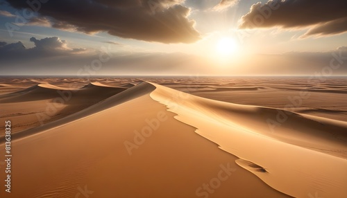 The sun sets over a vast desert, casting a warm glow over the rippling sand dune in the foreground