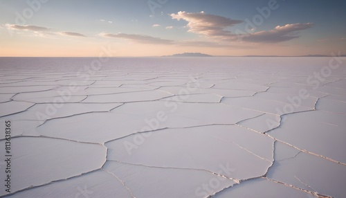 Aerial perspective of expansive salt flats in Bolivia, with a vast expanse of white salt formations stretching to the horizon