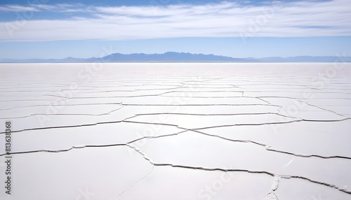Vast salt flats in Bolivia, reflecting the sky above. Hexagonal salt patterns create a surreal landscape