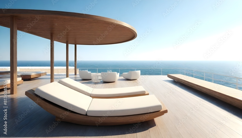 Fototapeta premium A lounge chair placed on a wooden deck, offering a view of the vast ocean below