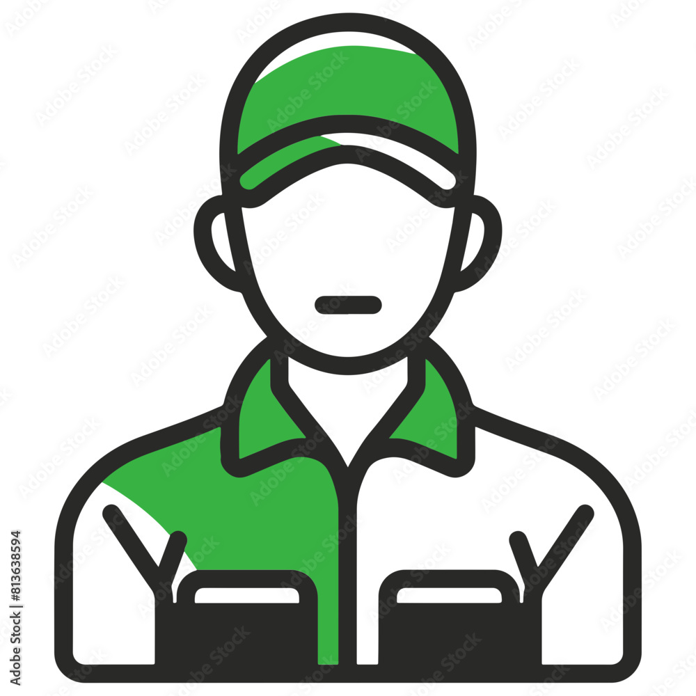 Stylized simple icon in black, white, and green of a logistics coordinator, highlighting management and human interaction. Stylized simple icon in black, white, and green of a logistics coordinator, highlighting management and human interaction.