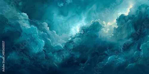 Abstract teal watercolor background with dark blue stormy sky texture.