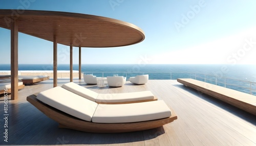 A lounge chair placed on a wooden deck, offering a view of the vast ocean below © Sema