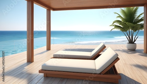 Two lounge chairs placed on a wooden deck  facing the vast expanse of the ocean