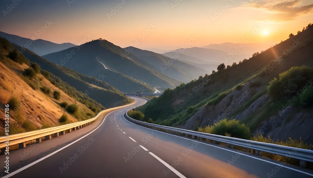 A road winds through the mountains with the sun setting behind it, casting a warm glow over the landscape