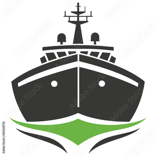 A clean and simple black, white, and green icon of a ship, indicative of maritime logistics.