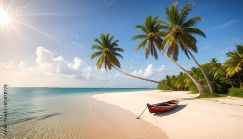 A boat is parked on a sandy beach surrounded by lush palm trees under a clear sky © Sema