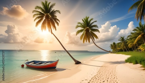 A boat is grounded on a sandy beach surrounded by tall palm trees under a clear sky photo