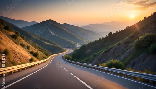 A road winds through the mountains with the sun setting behind it, casting a warm glow over the landscape