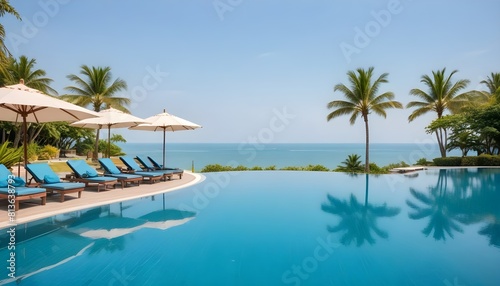 A swimming pool lined with lounge chairs overlooking the vast ocean  with clear blue skies and gentle waves in the background