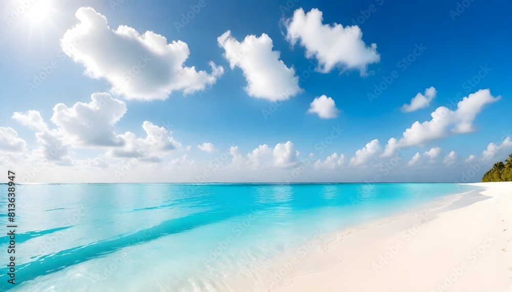 A stunning beach with fine white sand, crystal clear blue water, and fluffy clouds in the sky