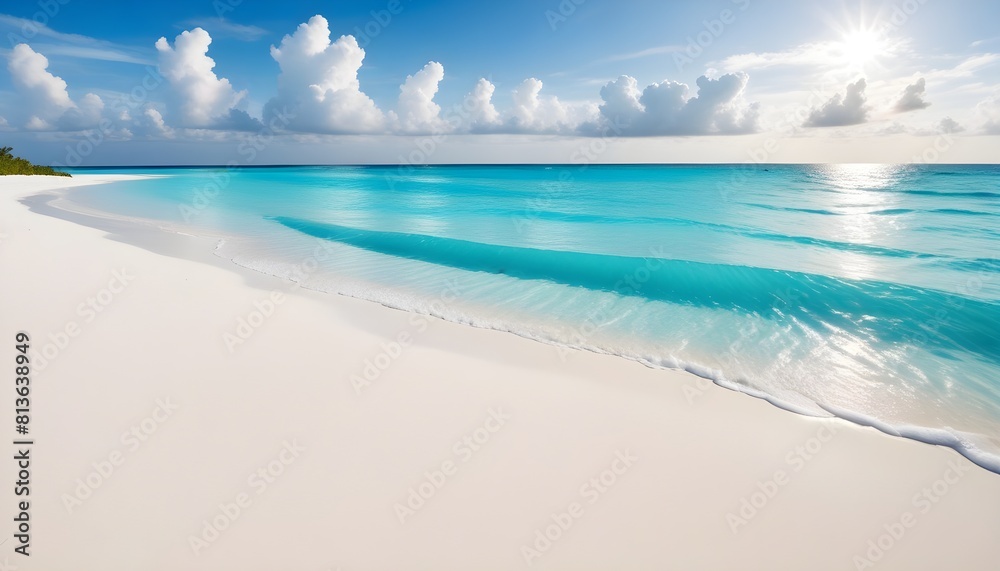 Obraz premium A white sand beach under a bright blue sky with fluffy clouds, surrounded by clear blue water