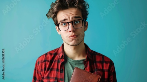 Portrait unhappy sad young man showing his empty wallet on blue background. Generated AI