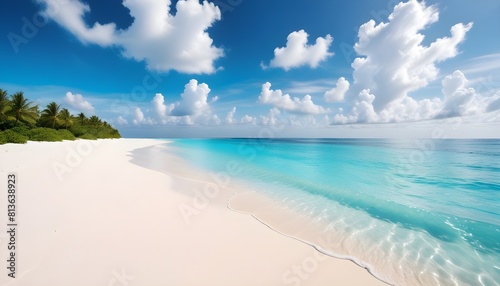 A view of a pristine white sandy beach meeting the clear blue water under a sky filled with fluffy clouds