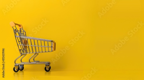 Empty supermarket shopping cart on yellow background. Generated AI image