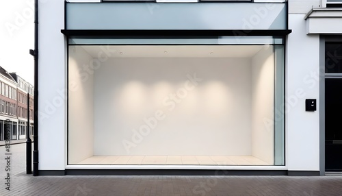 Fototapeta Naklejka Na Ścianę i Meble -  A white storefront stands on a street corner, its clean facade contrasting with the urban surroundings