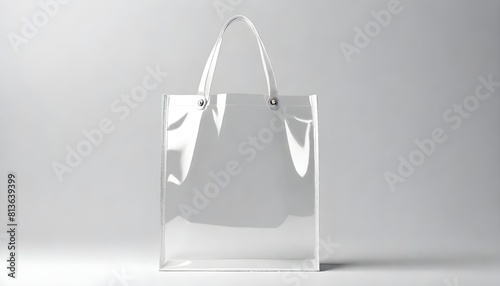 A transparent plastic shopping bag is displayed on a plain grey background, showcasing its simplicity and practicality