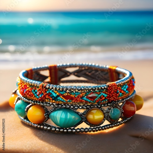 A colorful bohemian bracelet in the sand beach