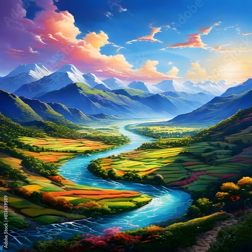 A vibrant sunset over the mountains and river