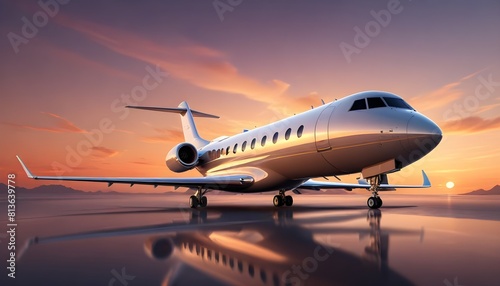 A private jet is parked on a runway  with the sun setting in the background  casting a warm glow on the scene