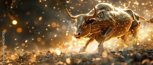 Economic resurgence depicted by a dynamic golden bull charging through glittering sparks © Purichaya