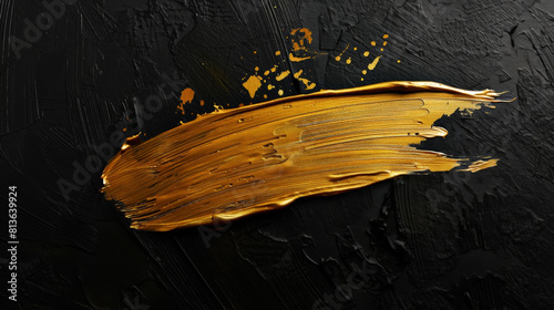 Creative banner with golden rough stroke and brush, copy space, black textured background, minimalism. Generative AI © AngrySun
