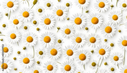 Several white daisies lying on a plain white background, showcasing delicate petals and green stems