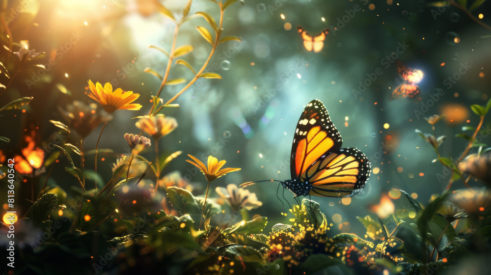 A monarch butterfly flies in the green jungle, resting on a flowering plant. Insects concept. A monarch butterfly flies in the green jungle, resting on a flowering plant. Insects concept.