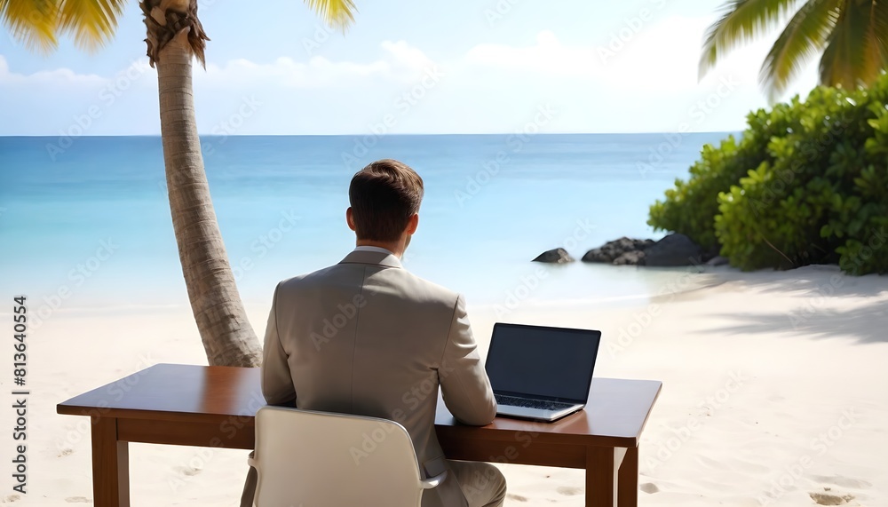 A man is seated at a table on the beach, working on a laptop computer with the ocean in the background