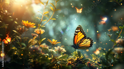 A monarch butterfly flies in the green jungle, resting on a flowering plant. Insects concept. © Alina Tymofieieva
