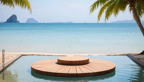 A pool with a wooden deck sits in the middle of the vast ocean  offering a unique and luxurious setting for relaxation and enjoyment