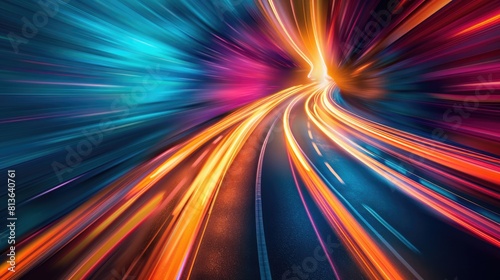 colorful long exposure background of traffic moving light of speed transportation cars on a road. 