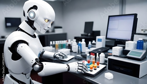 A robot diligently working at a desk in a laboratory setting