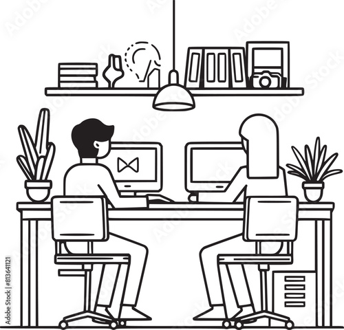 vector illustrations with flat cartoon characters working in office, co-working space or remotely at home, freelance, self-employment. People work at computers and laptops in modern interior.