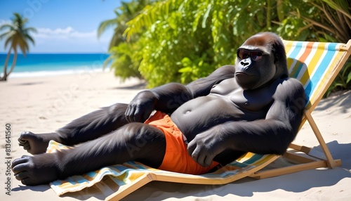 A gorilla is relaxed in a striped beach chair on the sandy shore, enjoying the sunny day