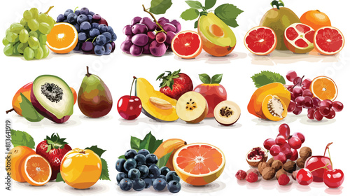 Different fresh fruits nuts and berries on white background