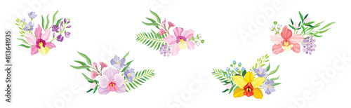Exotic Bouquet of Orchid and Blooming Twig Vector Set