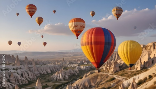 Colorful hot air balloons flying over the unique rock formations of Cappadocia, Turkey on a clear day