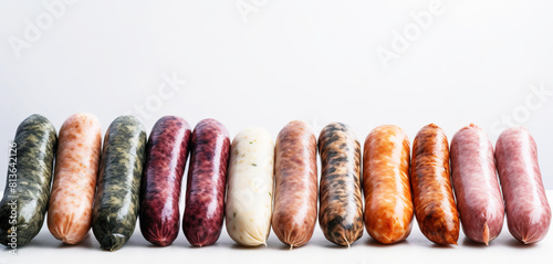 Various meat fresh sausages lie in a row, white background, isolate. AI generated.
