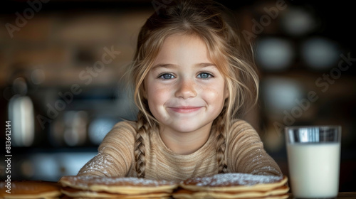Happy young girl smiling at the camera, sitting behind a stack of pancakes and a glass of milk in a cozy setting.  © Oleksiy