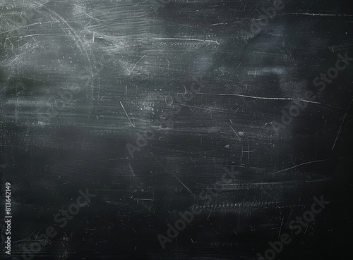 Black chalkboard background, textured black board for writing or drawing with space to add text or images photo