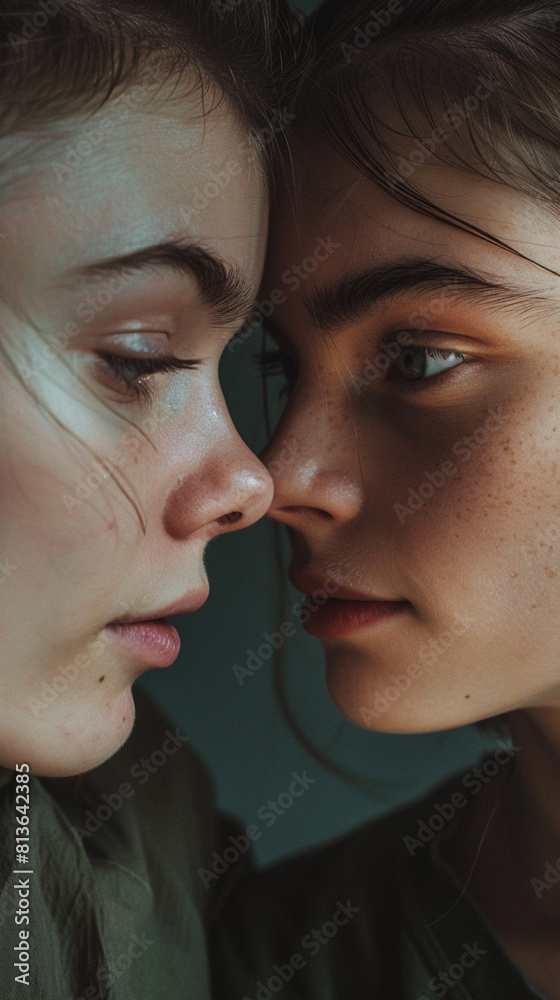 Two women are looking at each other with their eyes closed