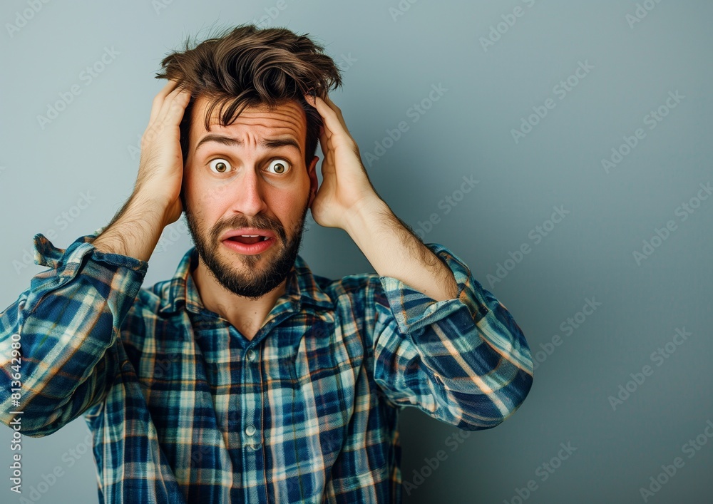 Shocked Young Man with Hands on Head Expression Against Blue Background Shocked Young Man with Hands on Head Expression Against Blue Background