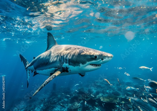 Majestic Great White Shark Swimming in Blue Ocean Waters with School of Fish