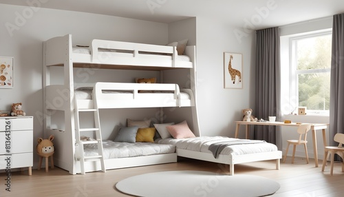 A white bunk bed is the focal point of a childrens room, with colorful blankets and pillows strewn on the mattresses