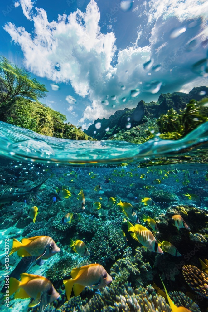 A mesmerizing background image capturing the vibrant colors of the ocean currents and a variety of fish species, Wide-angle shots, generative ai